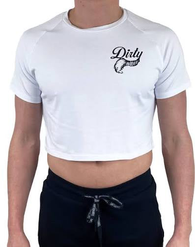 WHITE DIRTY CROP TOP SMALL LOGO