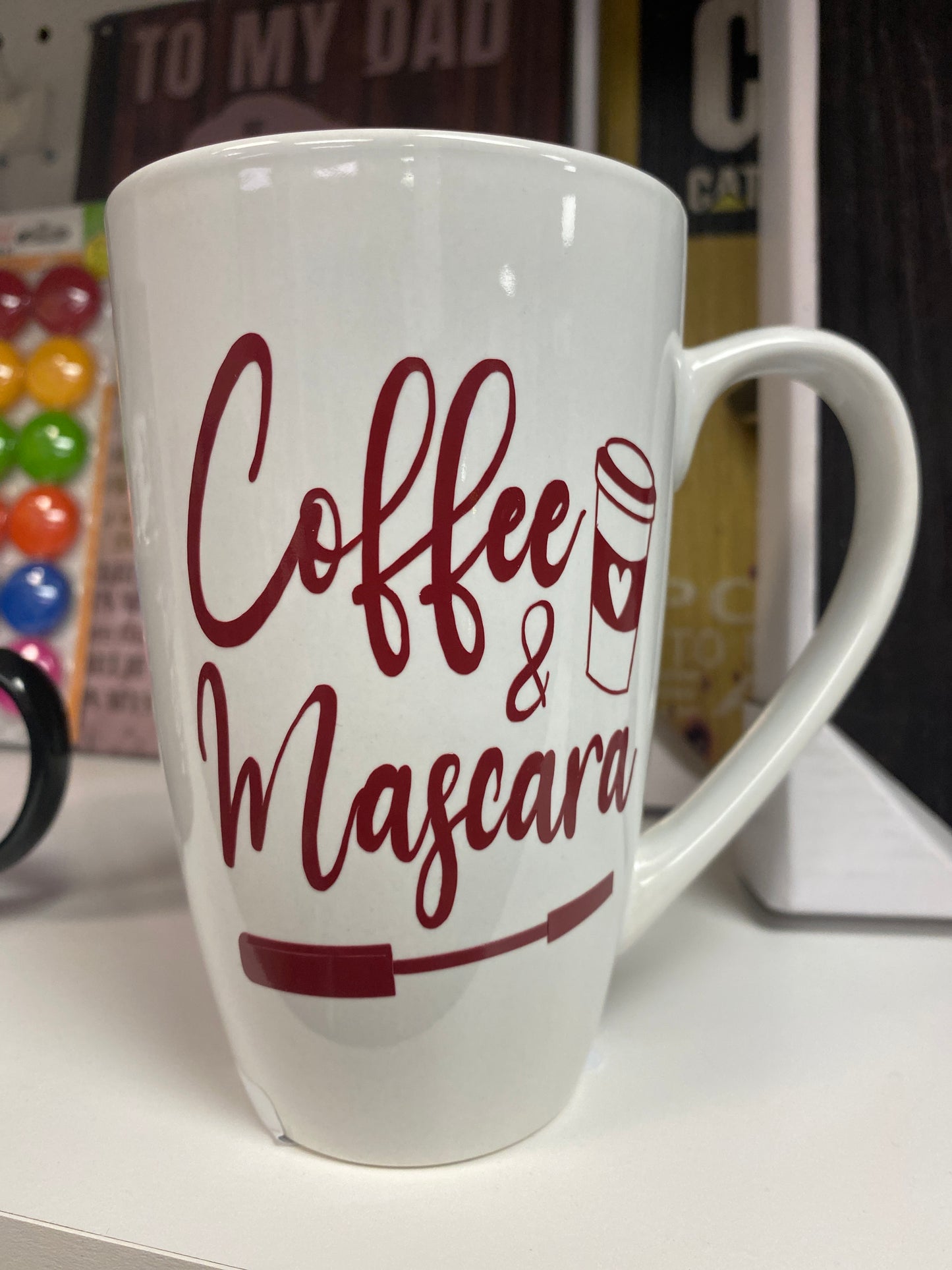 White coffee mug coffee & mascara