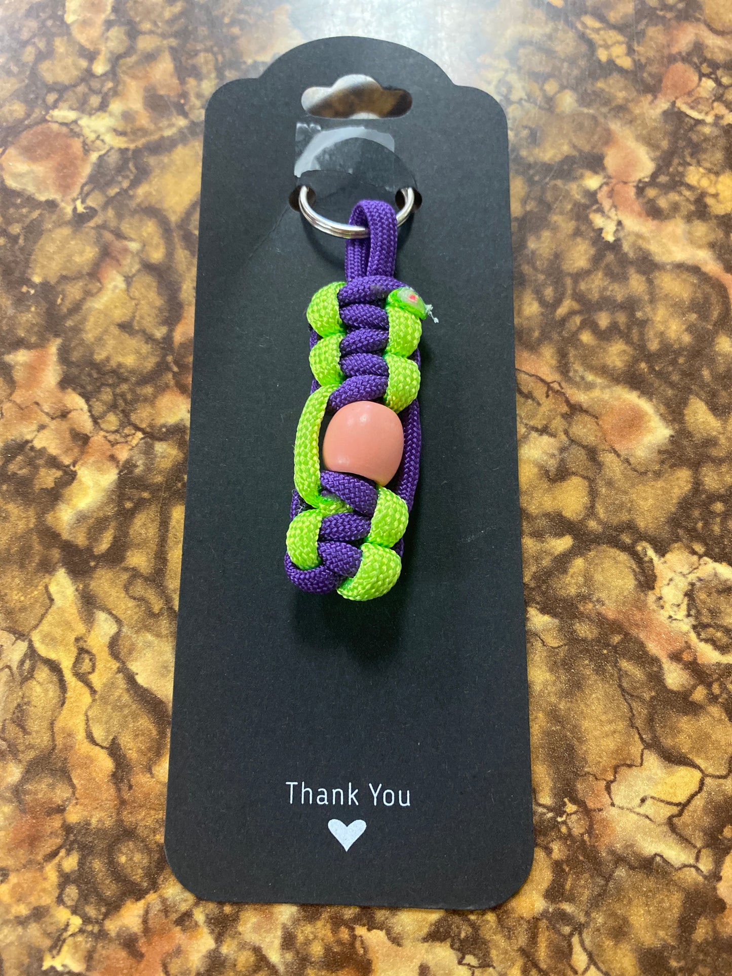 Paracord keychain zipper pull purple green with bead