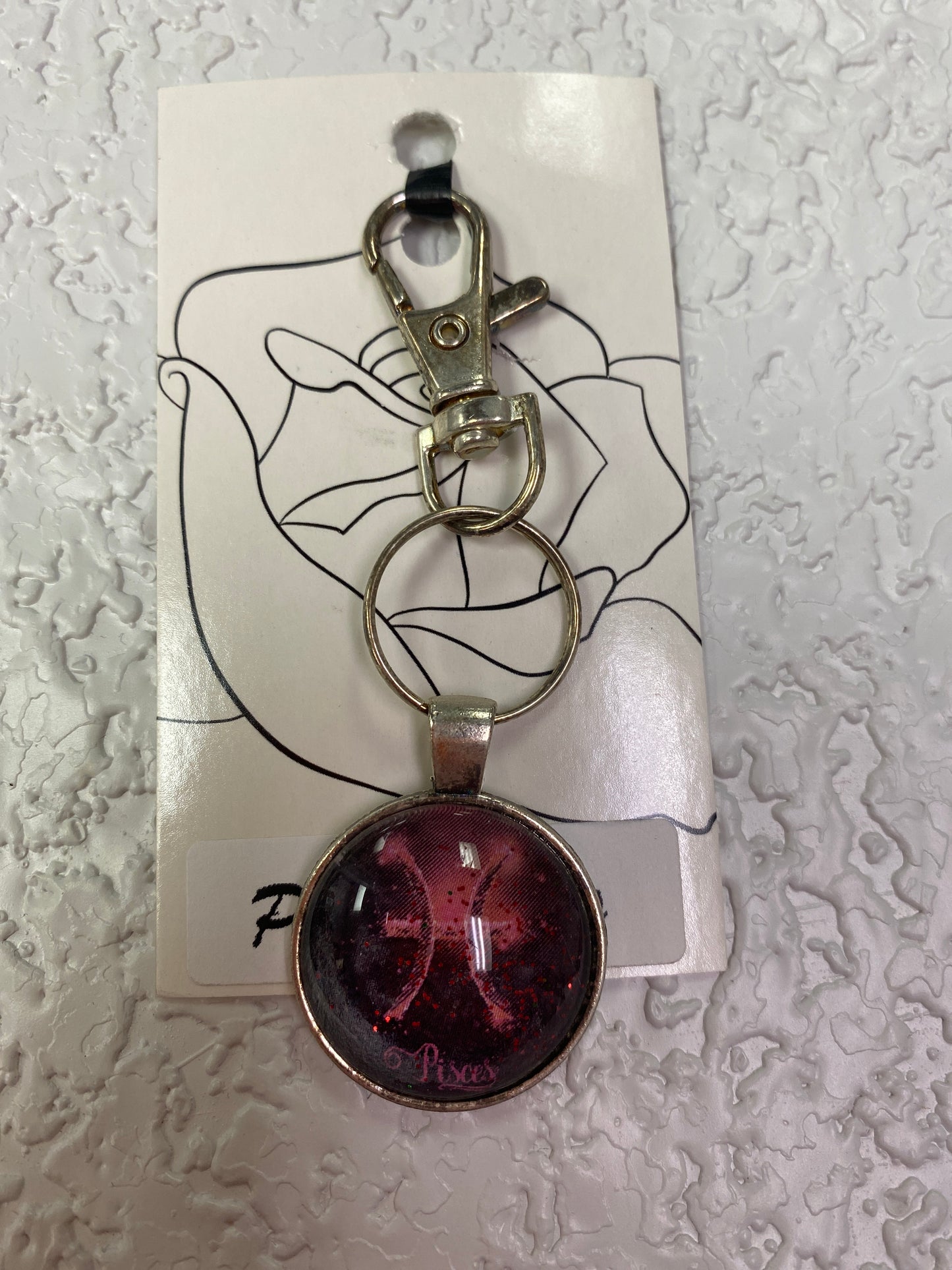 RED PISCES SILVER KEYCHAIN