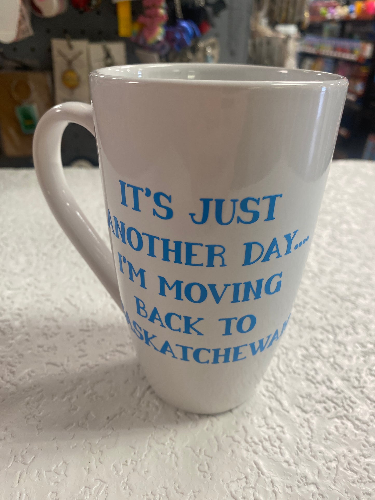 WHITE COFFEE MUG IM MOVING TO SASK BLUE