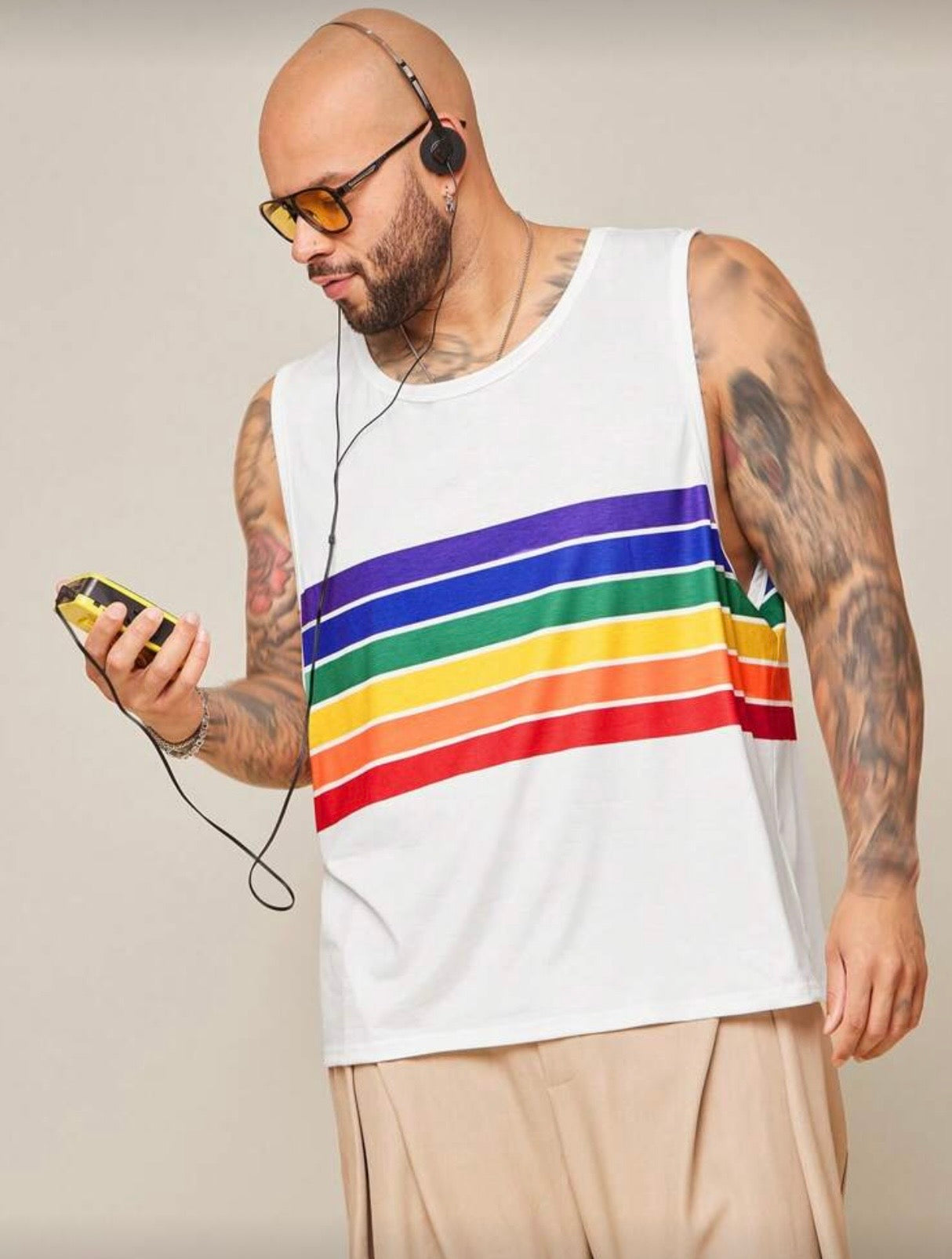 PLUS SIZE WHITE TANK RAINBOW STRIPED SHIRT