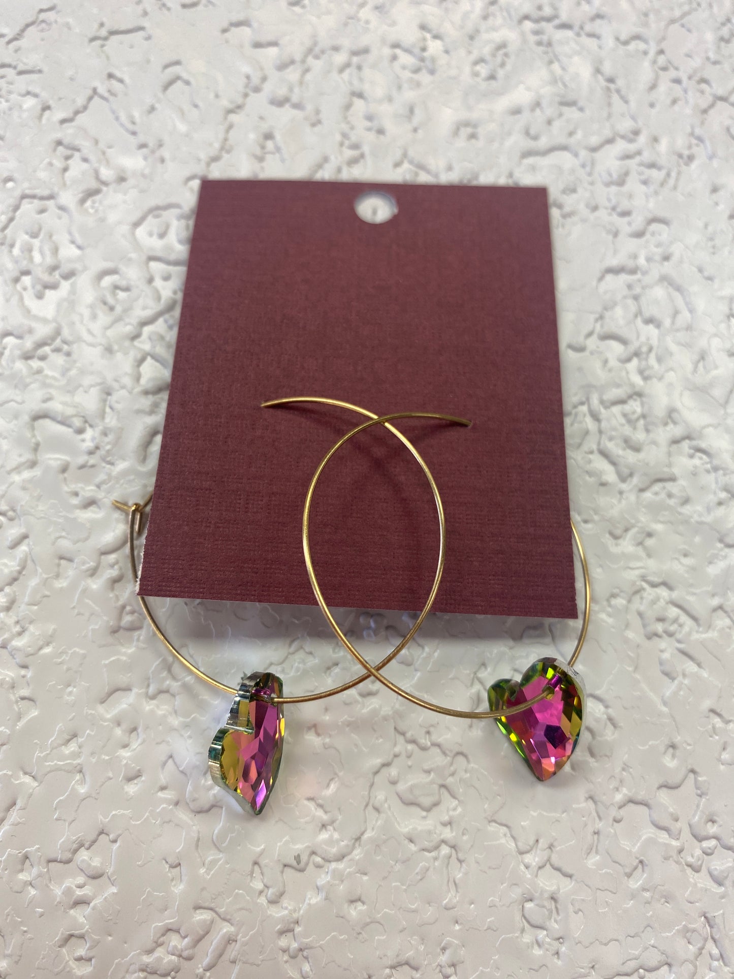 GOLD HOOPS GREEN PINK SPARKLE HEART EARRINGS