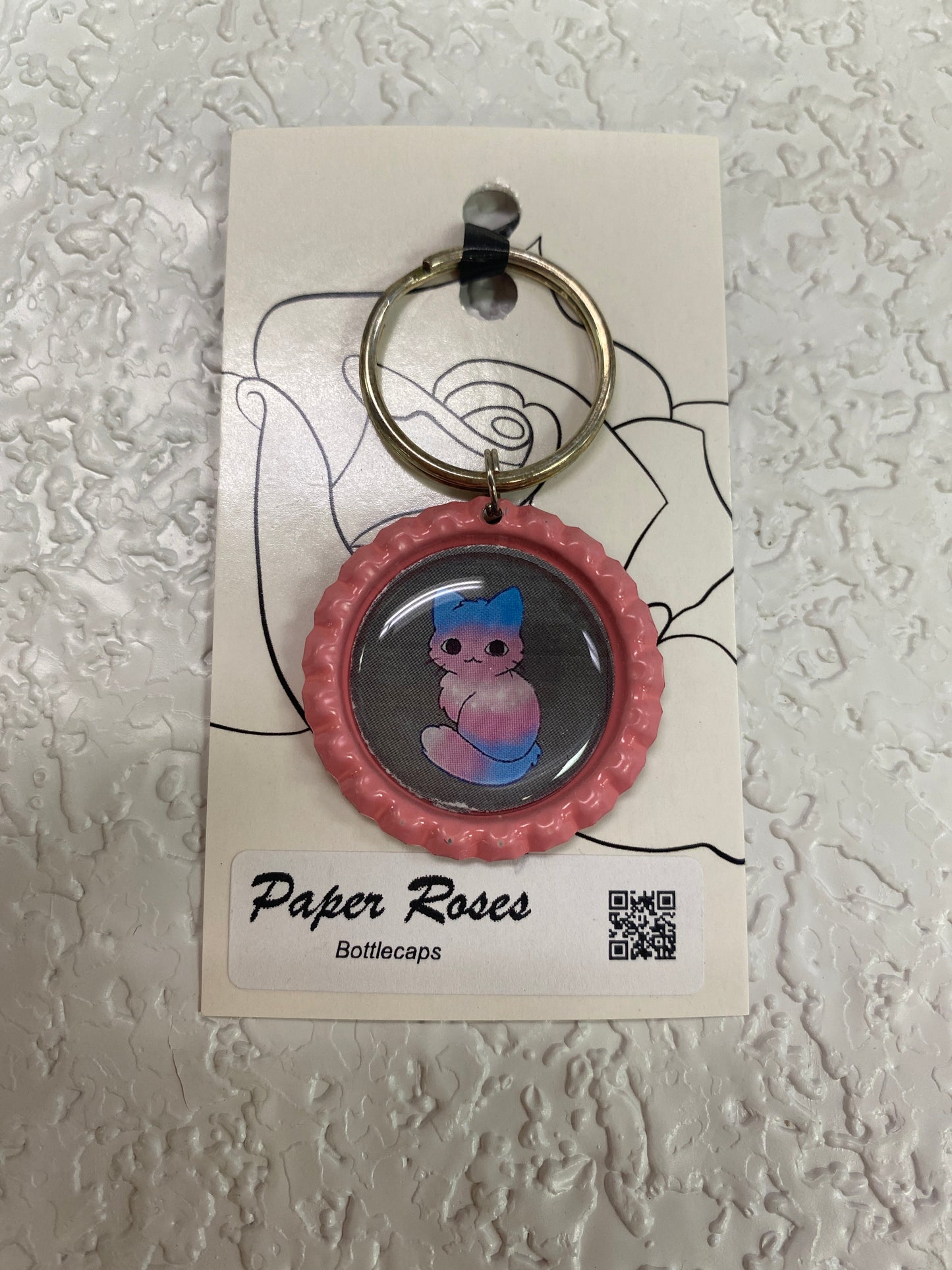 PINK TRANS CAT PRIDE BOTTLE CAP KEYCHAIN