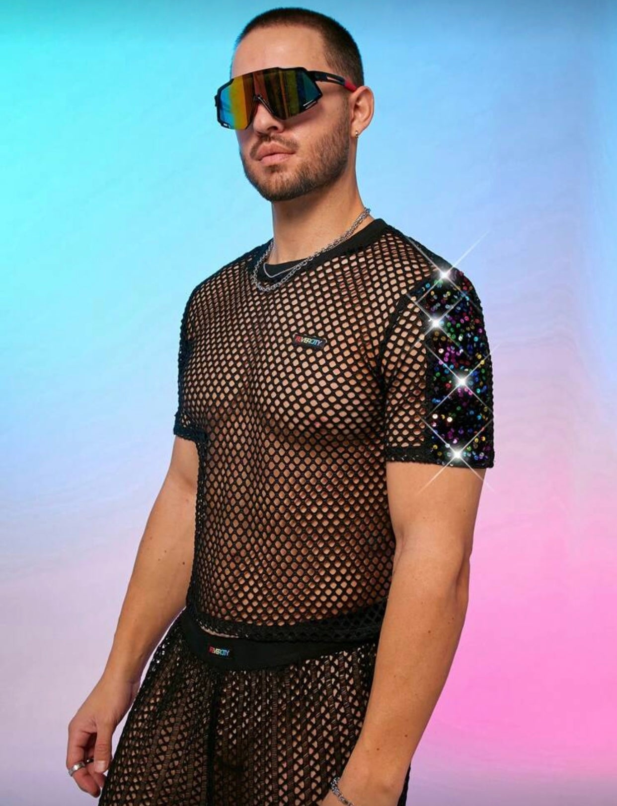 BLACK MESH SHORT SLEEVES GLITTER PATCH SHIRT