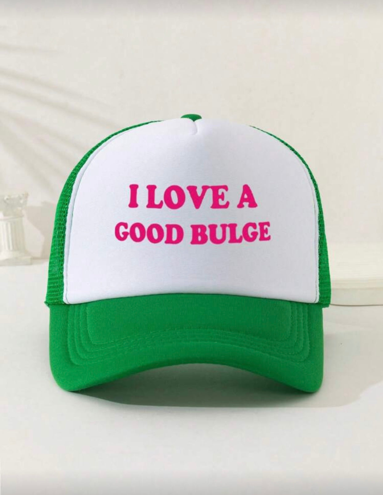 GREEN WHITE HAT I LOVE A GOOD BULGE