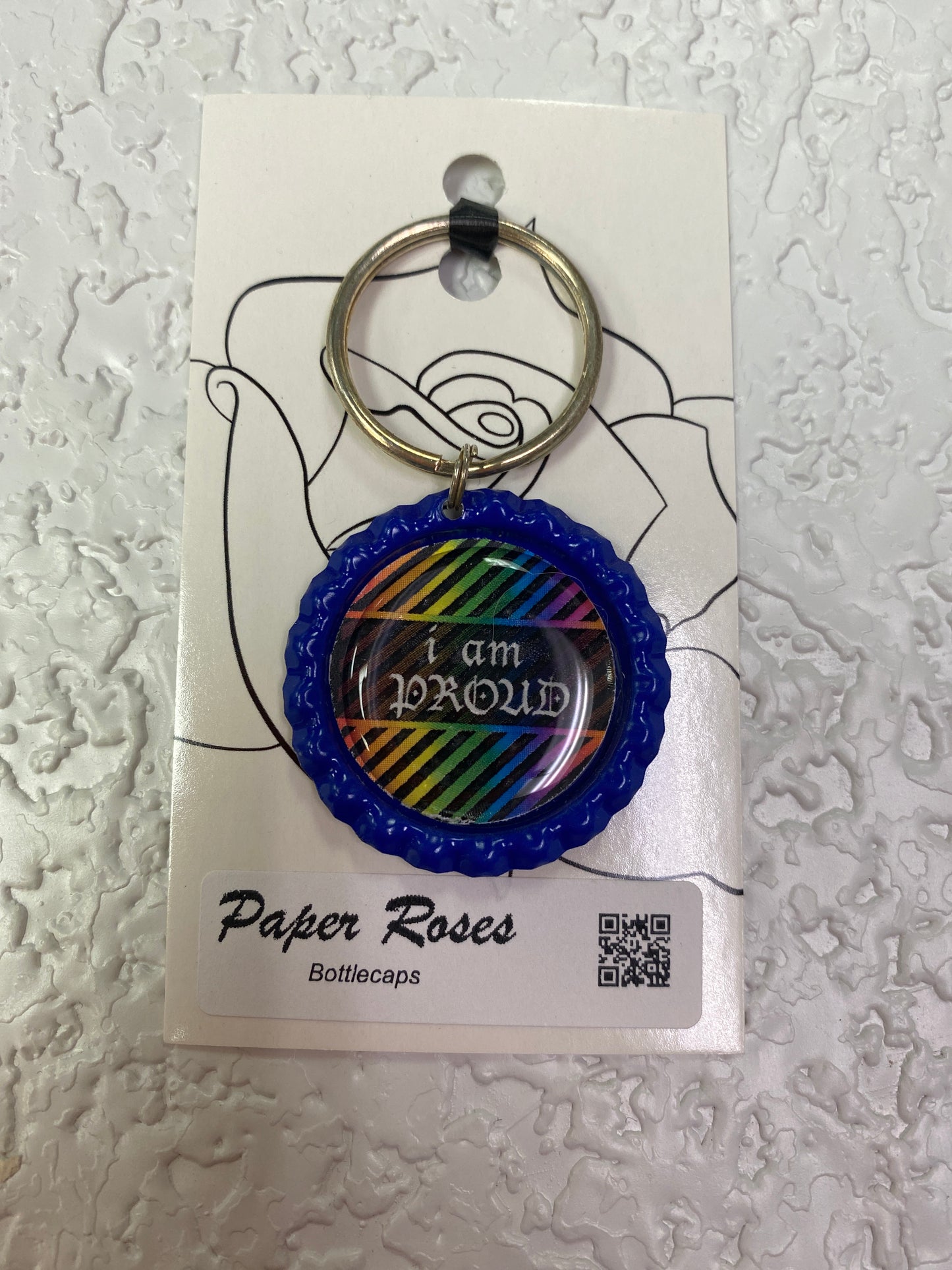 BLUE I AM PROUD PRIDE BOTTLE CAP KEYCHAIN