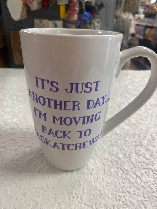 WHITE COFFEE MUG IM MOVING TO SASKATCHEWAN PURPLE