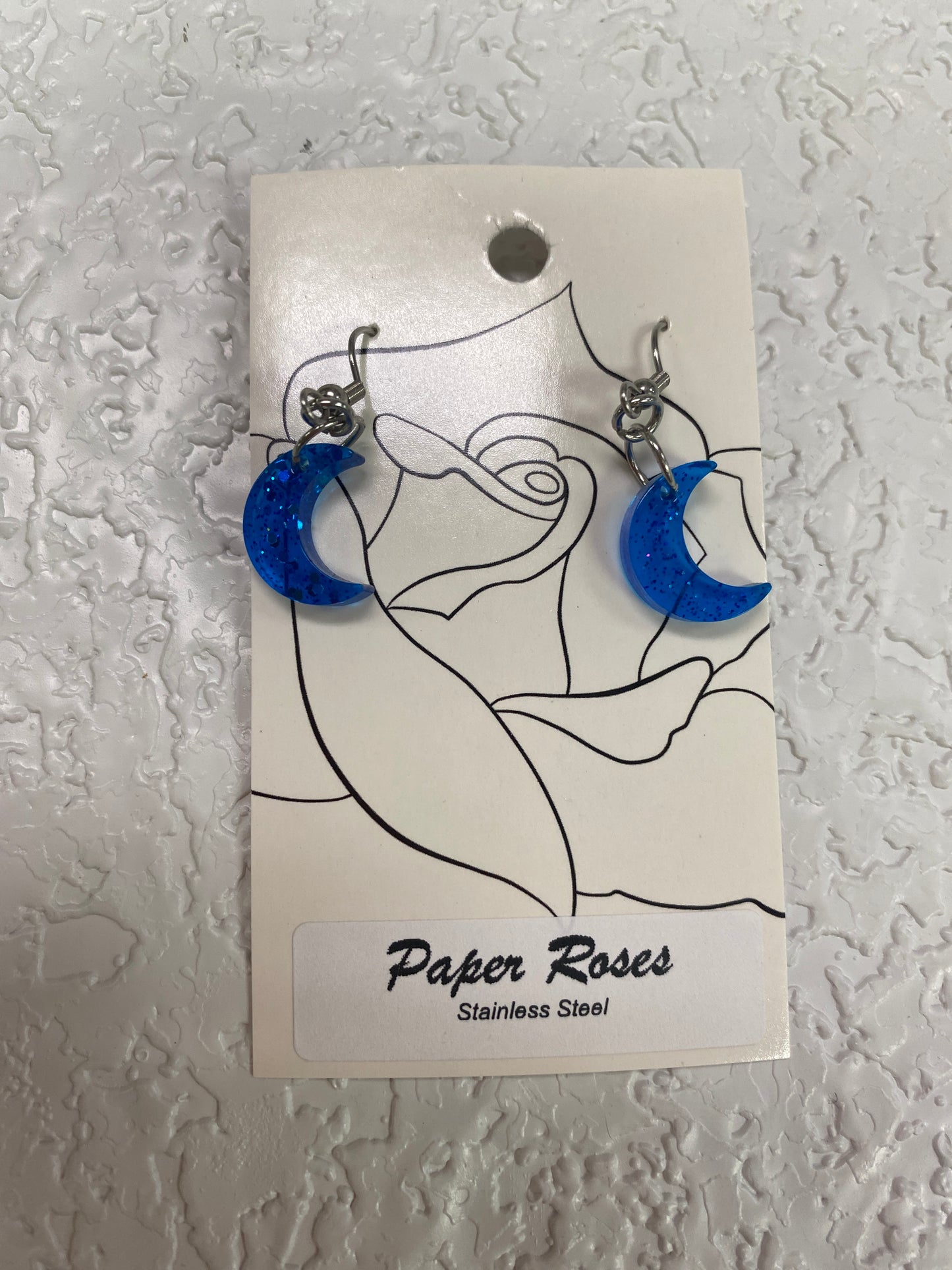 BLUE SPARKLE SMALL RESIN MOON EARRINGS