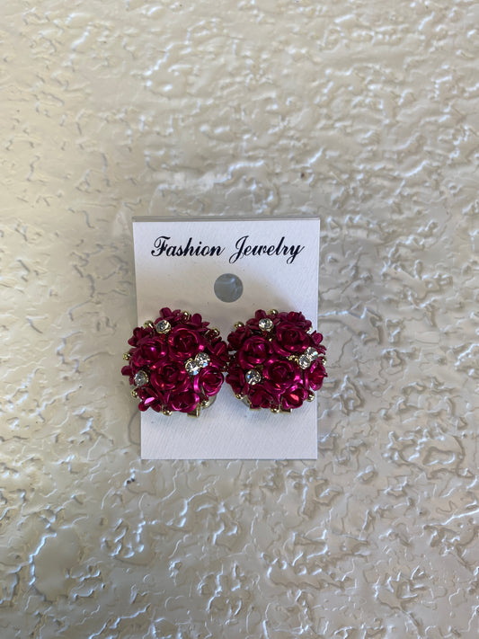ROSE FLOWER STUD EARRINGS PLUM RED