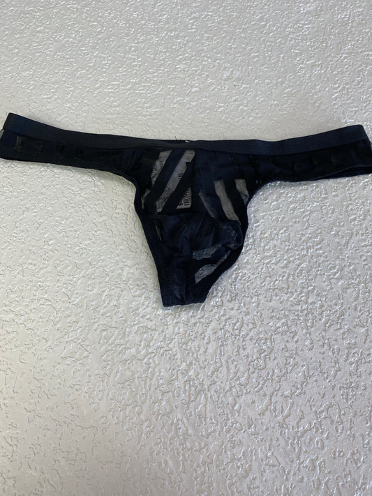 MENS BLACK STRIPPED MESH THONG XL