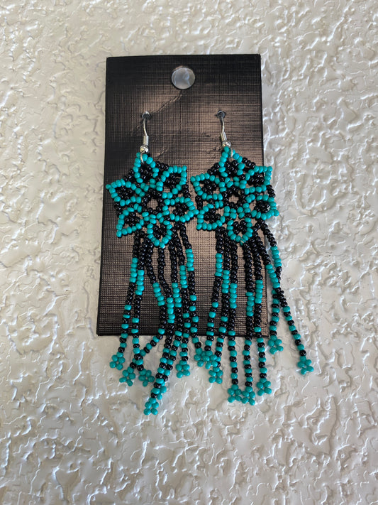 GREEN BLACK FLOWER BEAD EARRINGS