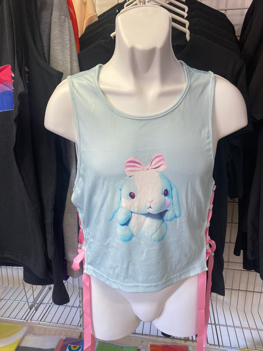 MENS TANK TOP BLUE BUNNY PINK LACE UP SMALL