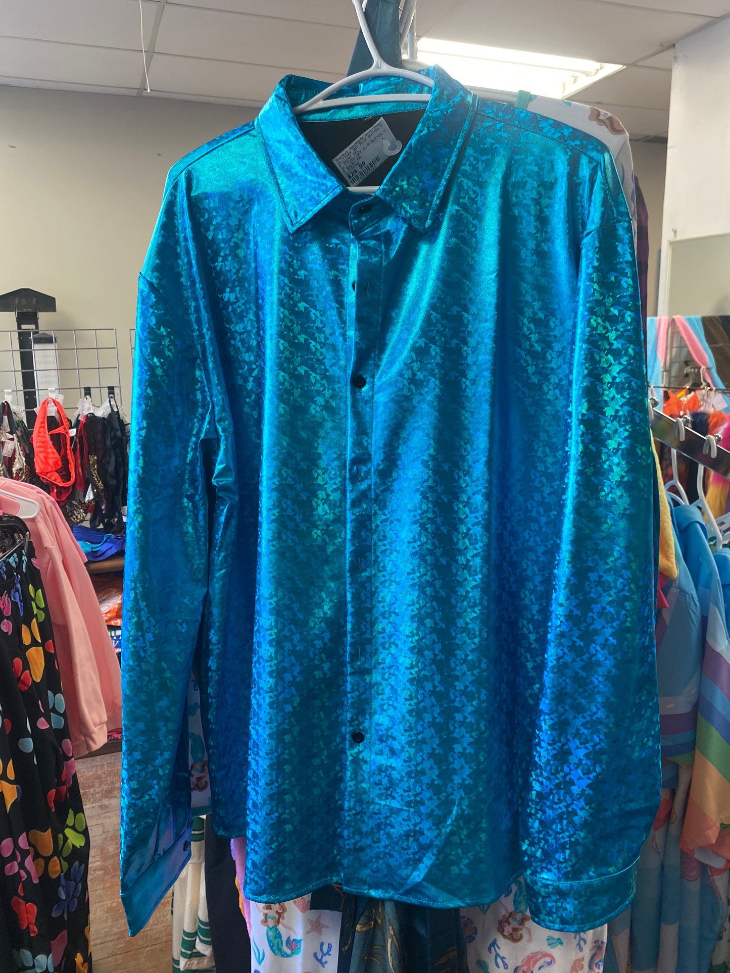 GLITTERY SKY BLUE BUTTON UP SHIRT LARGE