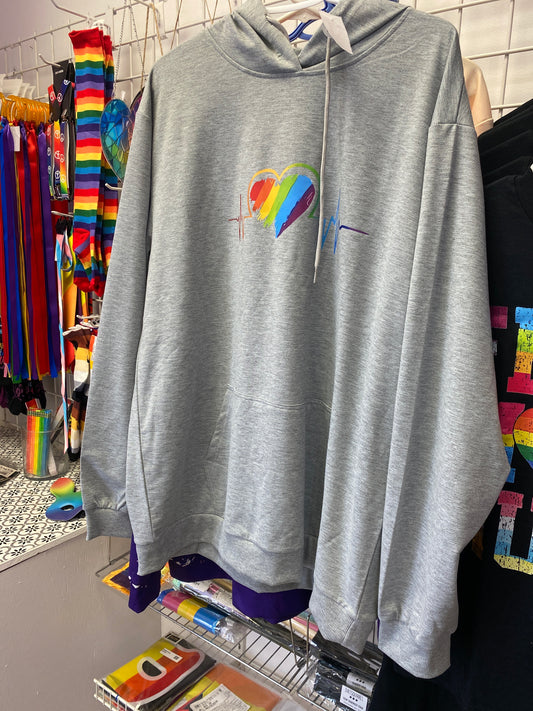 RAINBOW HEART BEAT GREY HOODIE LARGE