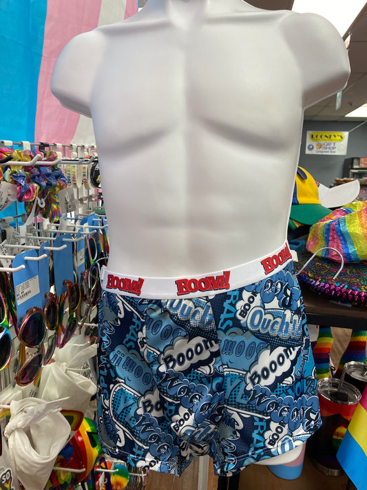 MENS BLUE COMIC PRINT BOOM BOXER SHORTS