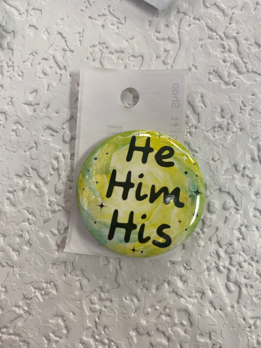 HE HIM HIS YELLOW TEAL BUTTON