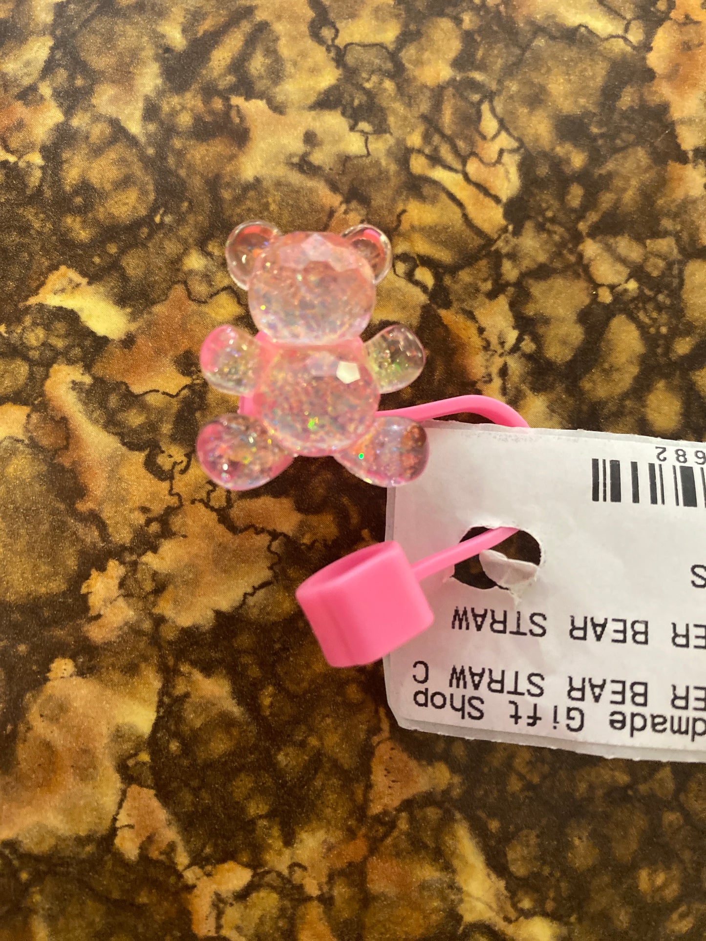 LIGHT PINK SPARKLE BEAR STRAW COVER
