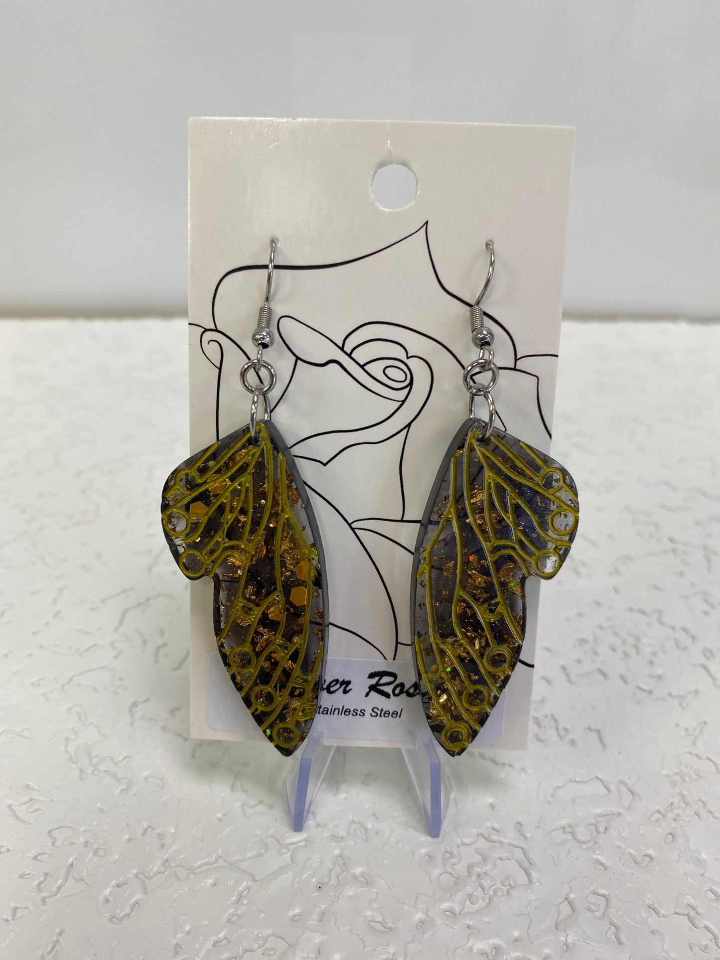 BLACK GOLD BUG WINGS DANGLING EARRINGS