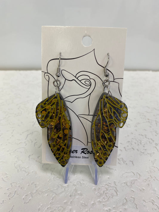 BLACK GOLD BUG WINGS DANGLING EARRINGS