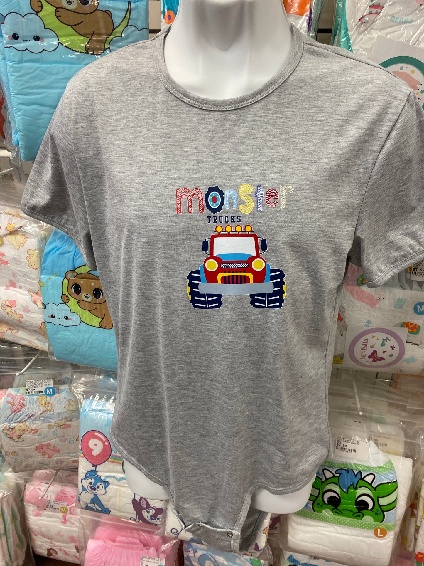 MONSTER TRUCKS GREY ADULT ROMPER