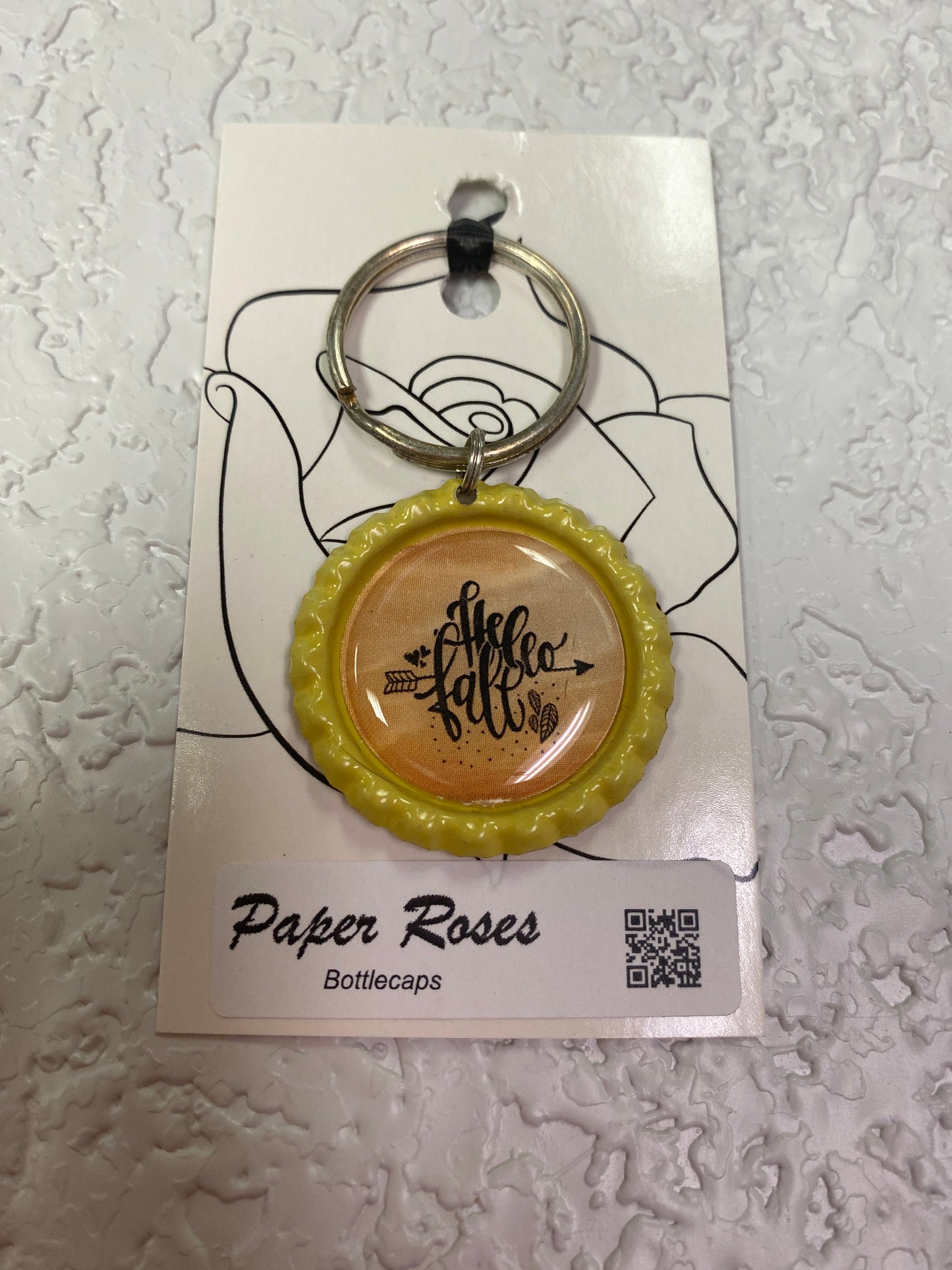 YELLOW HELLO FALL BOTTLE CAP KEYCHAIN