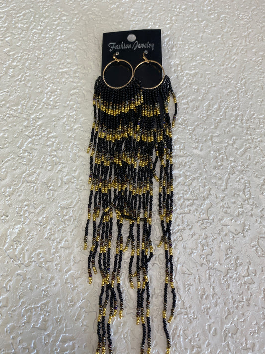 EXTRA LONG BLACK AND GOLD BEAD EARRINGS