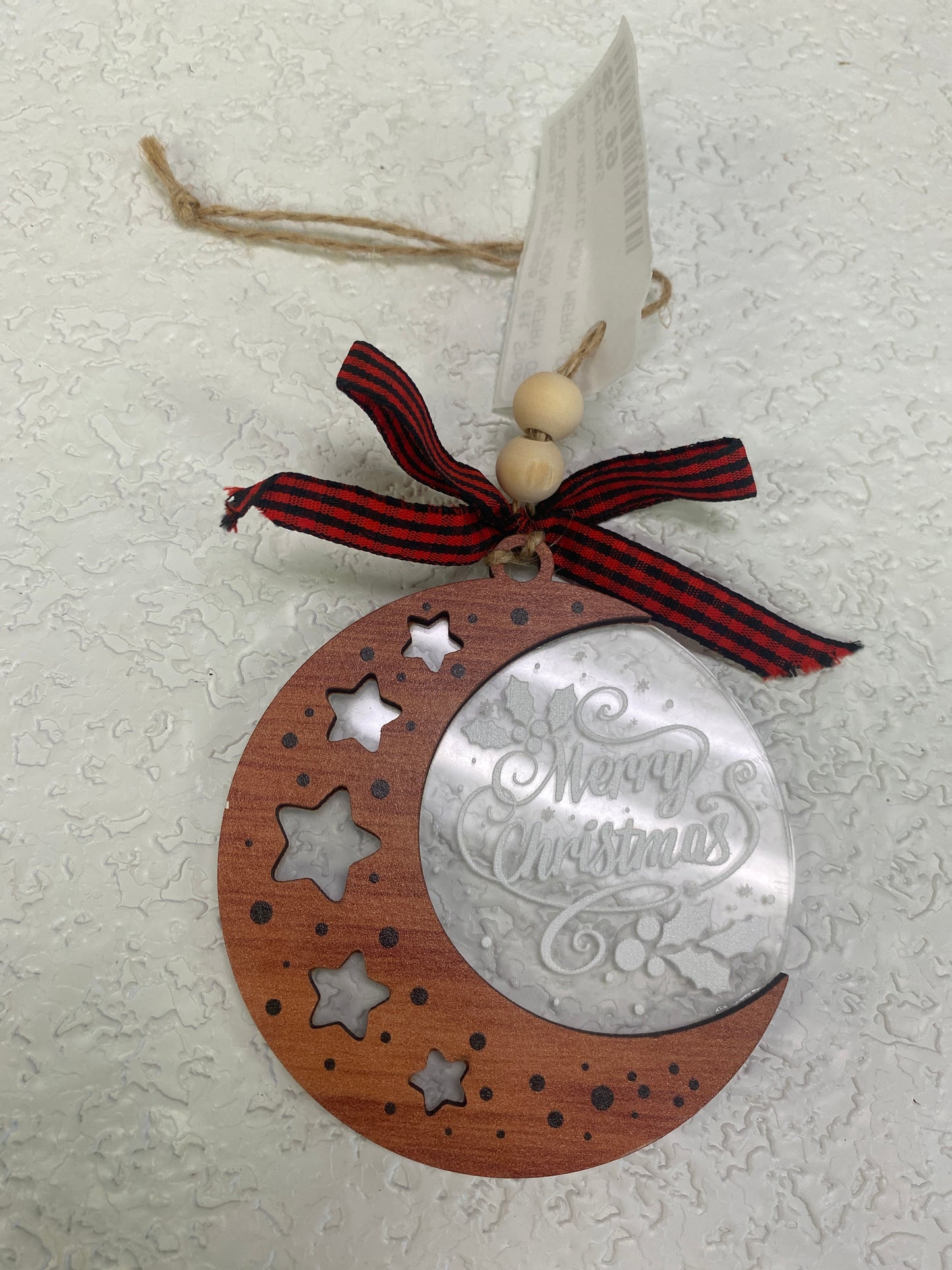 WOOD ACRYLIC MOON MERRY ORN