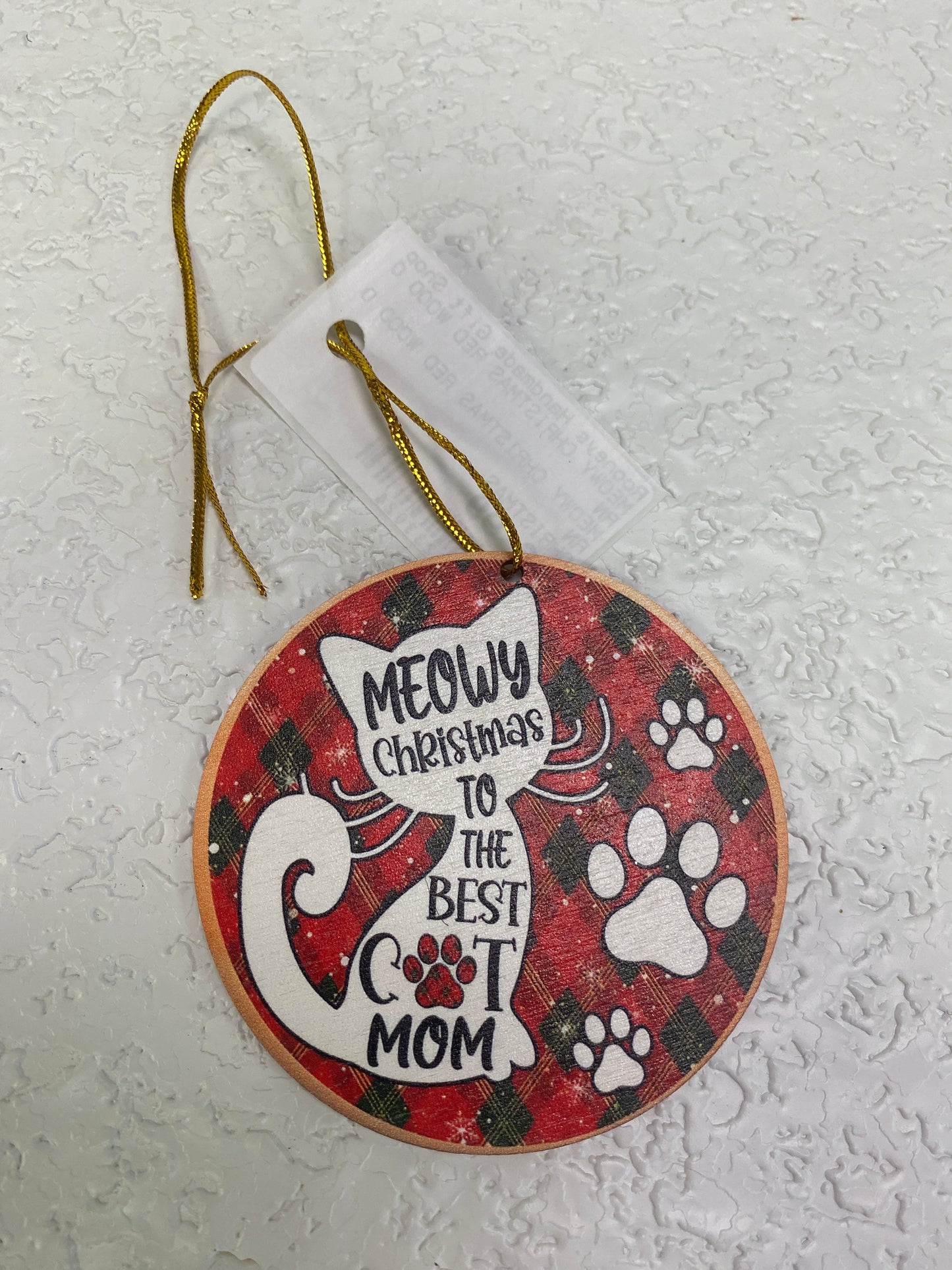 MEOWY CHRISTMAS RED WOOD ORN