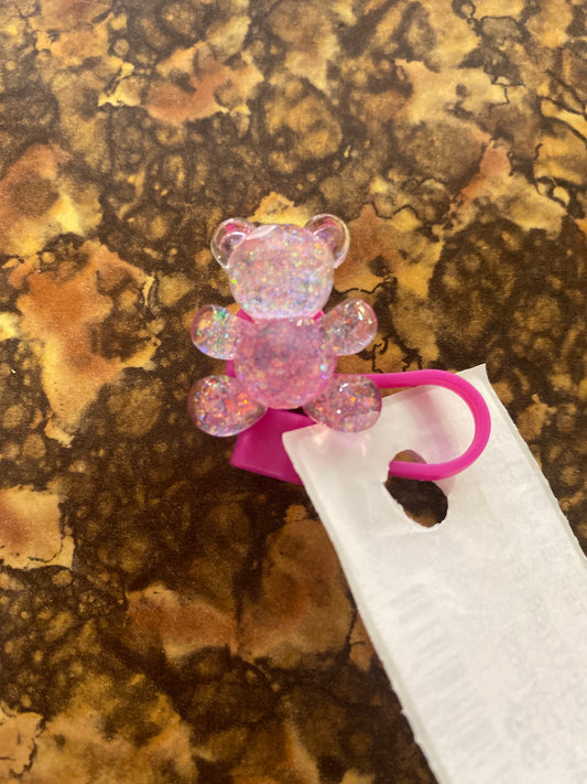 DARK PINK SPARKLE BEAR STRAW COVER
