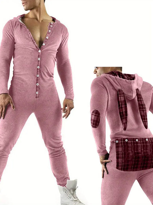 PINK RABBIT EAR HOODED BUTT FLAP ONESIE