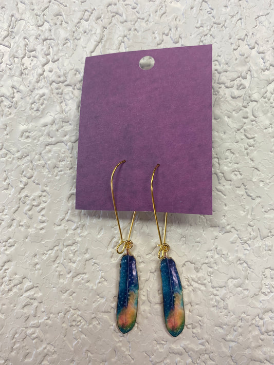 FEATHER BLUE YELLOW GREEN EARRINGS