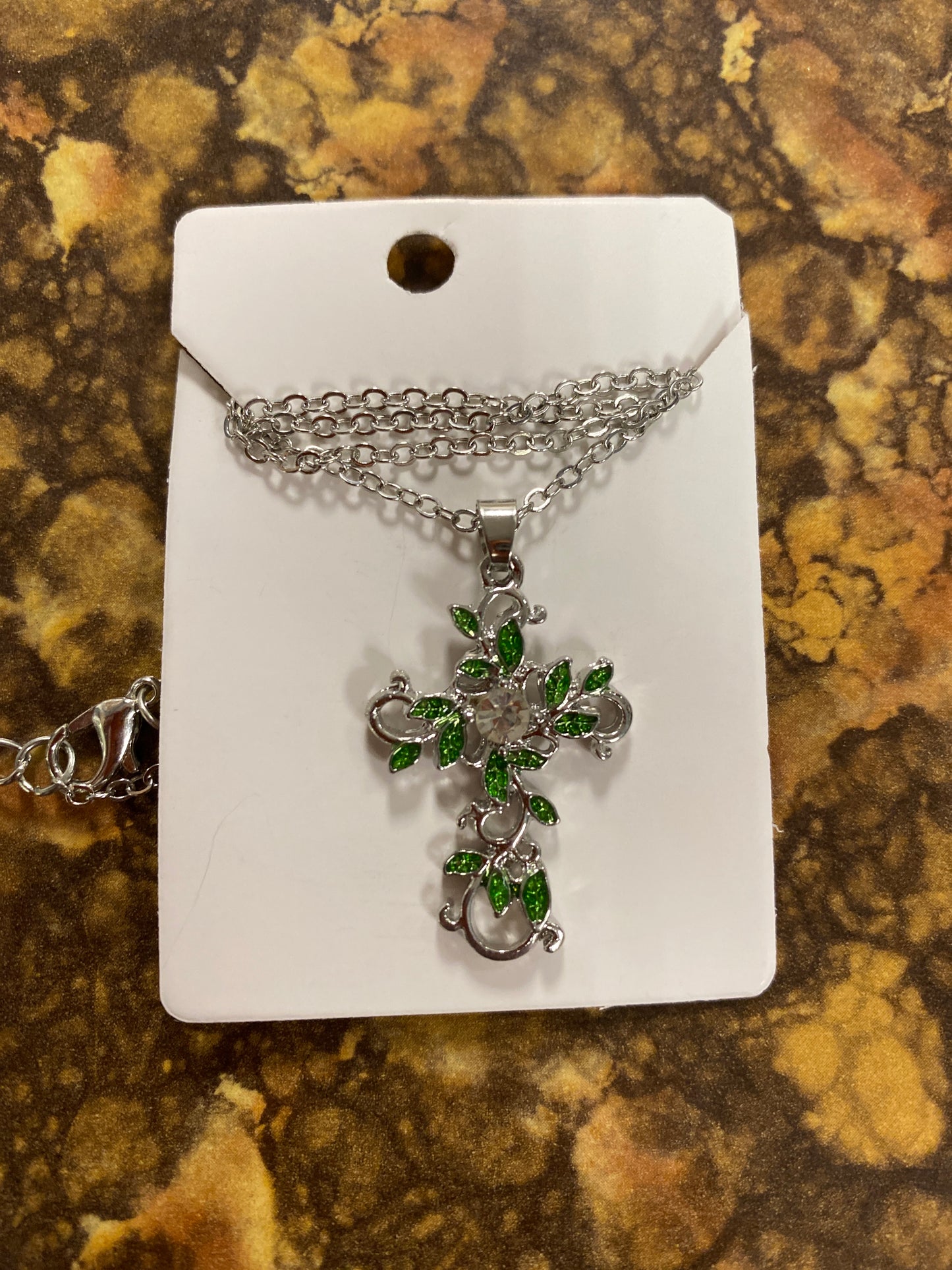GREEN SILVER CROSS NECKLACE