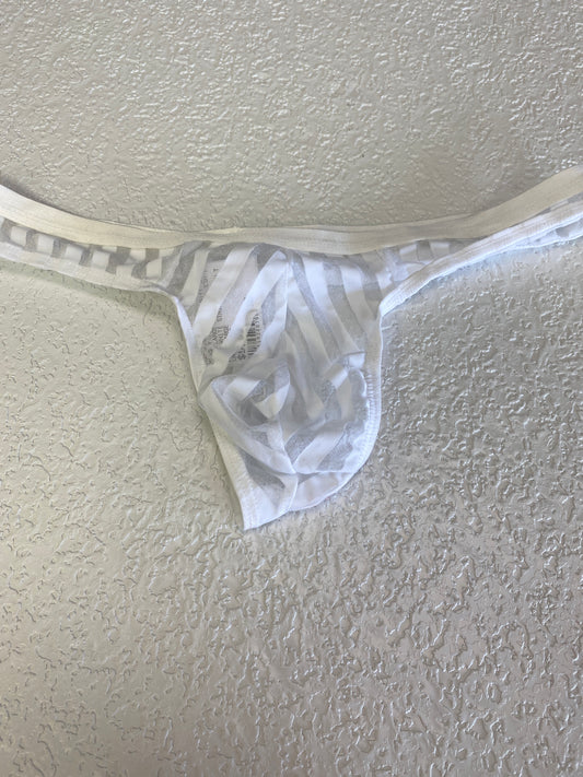 MENS WHITE STRIPPED MESH THONG XL