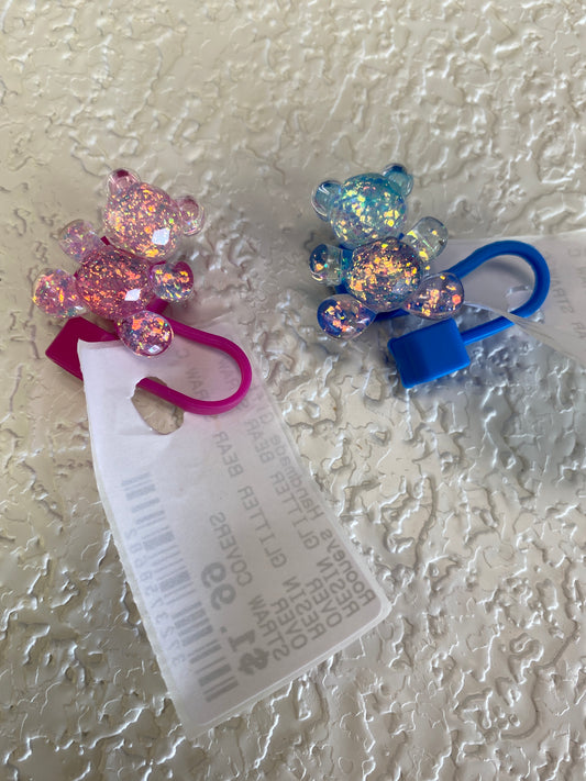 RESIN GLITTER BEAR STRAW COVER