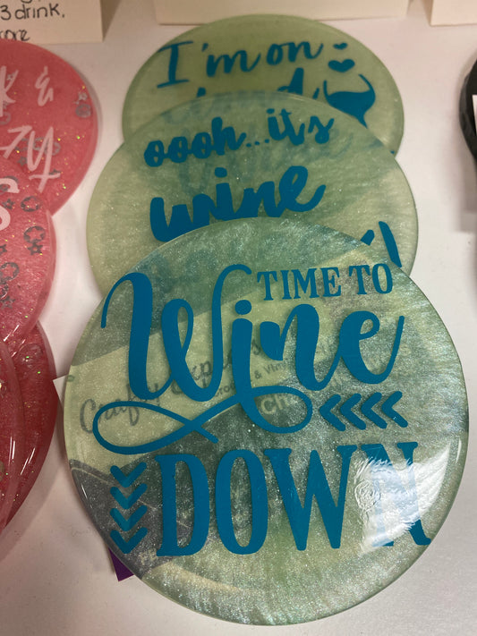 RESIN DRINK COASTERS IM ON CLOUD WINE SET OF 4