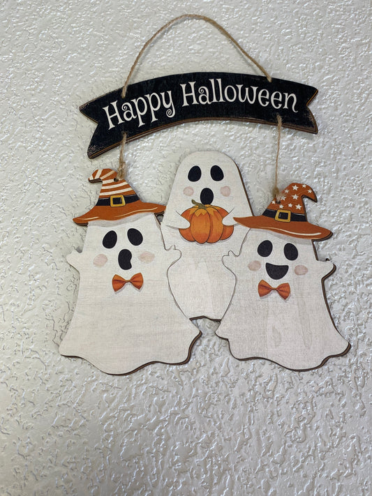 HALLOWEEN WOOD GHOSTS HANGING SIGN