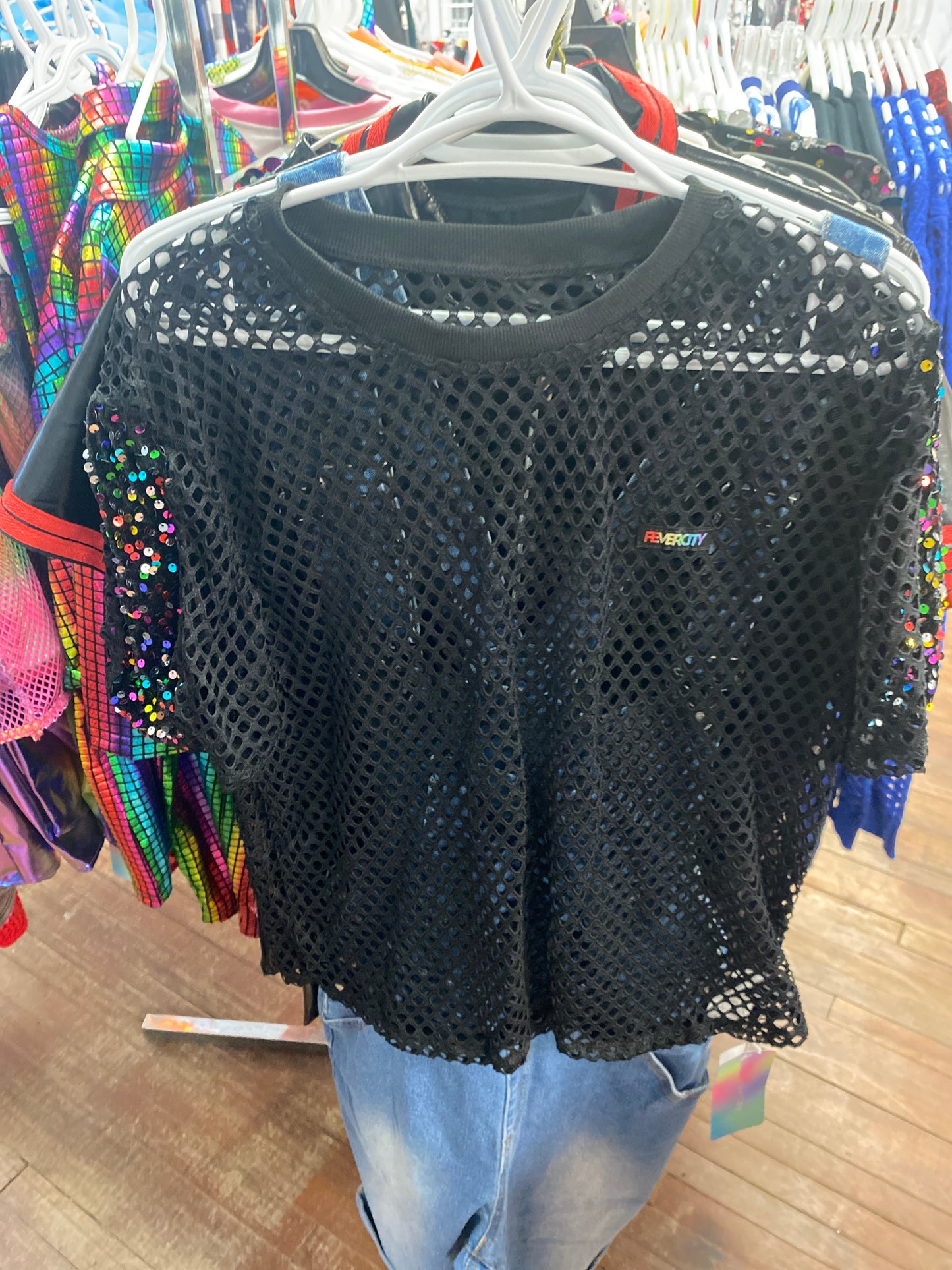 BLACK MESH SHORT SLEEVES GLITTER PATCH SHIRT XXL