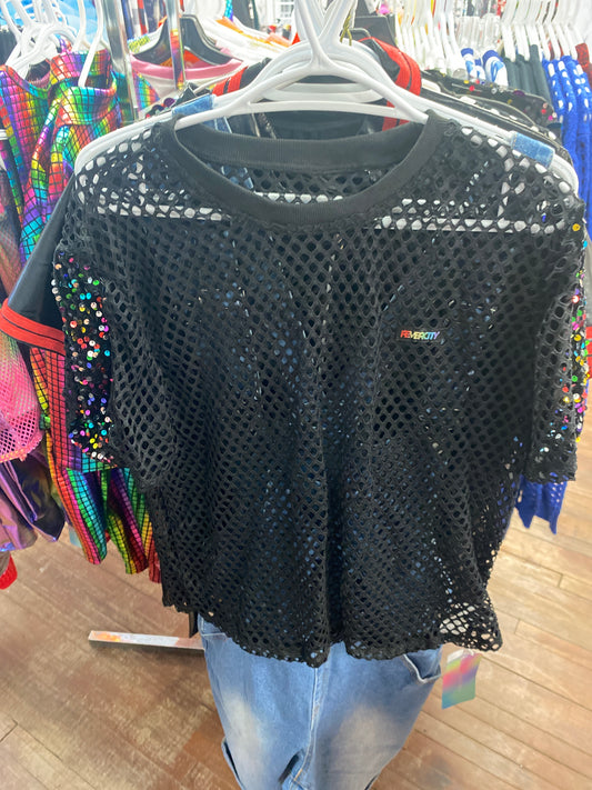 BLACK MESH SHORT SLEEVES GLITTER PATCH SHIRT XXL