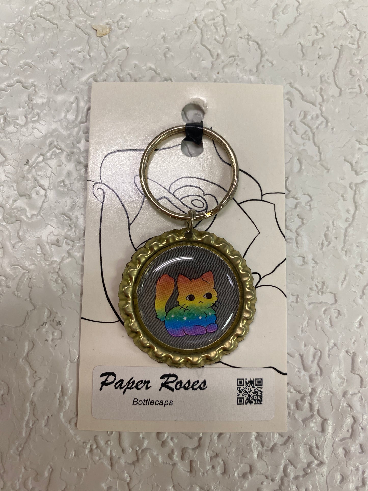 GOLD RAINBOW CAT PRIDE BOTTLE CAP KEYCHAIN