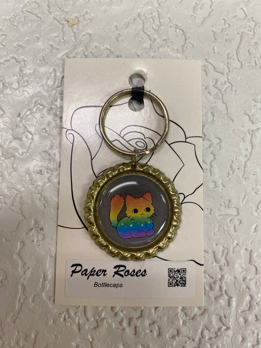 GOLD RAINBOW CAT PRIDE BOTTLE CAP KEYCHAIN