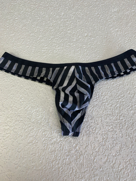 MENS GREY STRIPPED MESH THONG XL