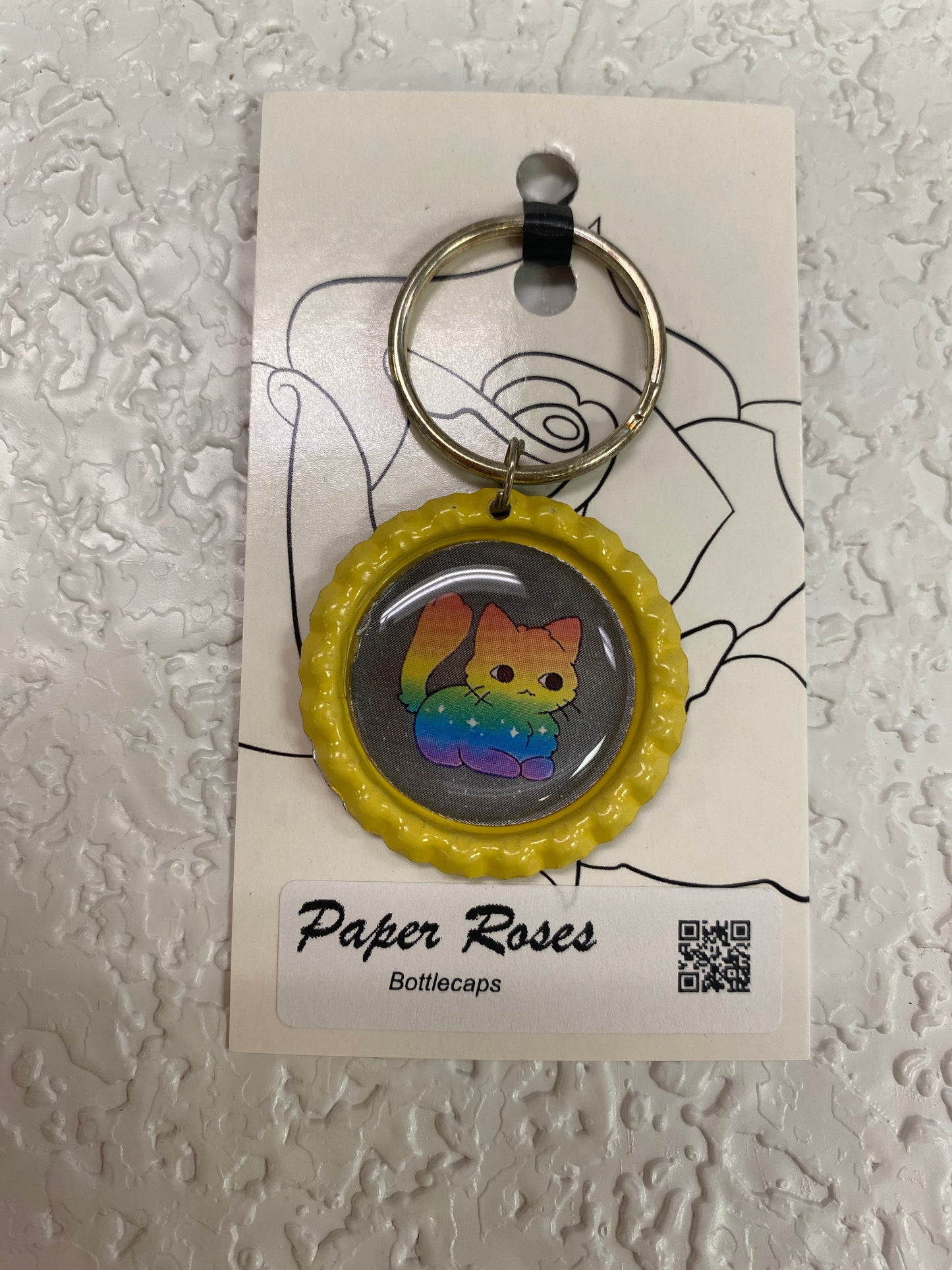 YELLOW RAINBOW CAT PRIDE BOTTLE CAP KEYCHAIN