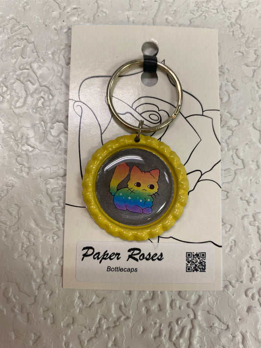 YELLOW RAINBOW CAT PRIDE BOTTLE CAP KEYCHAIN