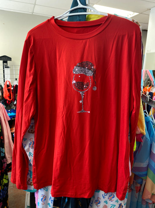 WOMENS FESTIVE RED LONG SLEEVE WINE GLASS SHIRT LA
