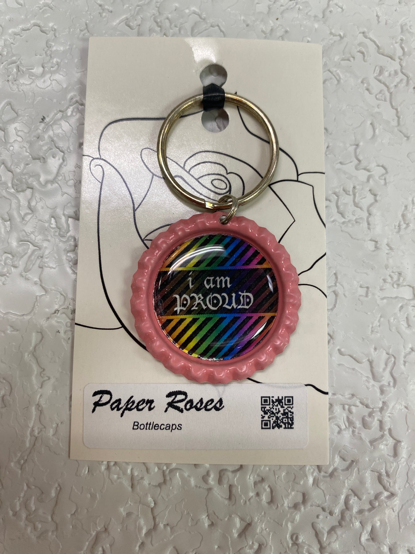 PINK I AM PROUD PRIDE BOTTLE CAP KEYCHAIN