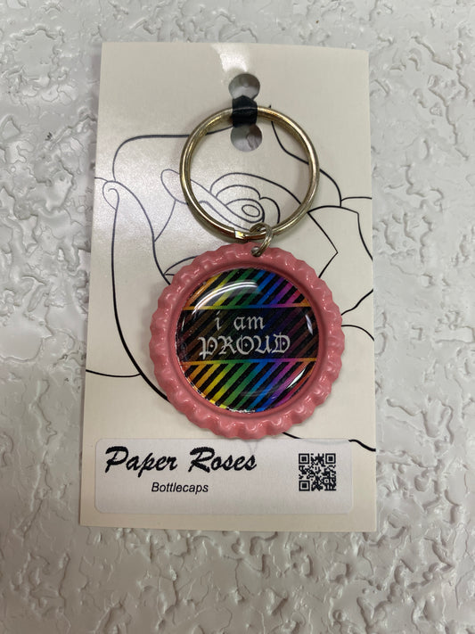 PINK I AM PROUD PRIDE BOTTLE CAP KEYCHAIN
