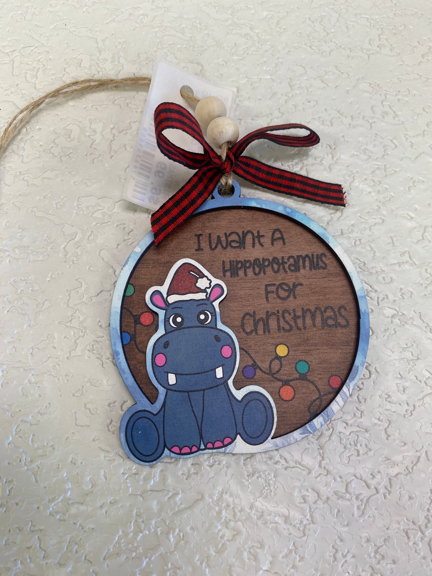 FESTIVE HIPPO CHRISTMAS WOOD ORN