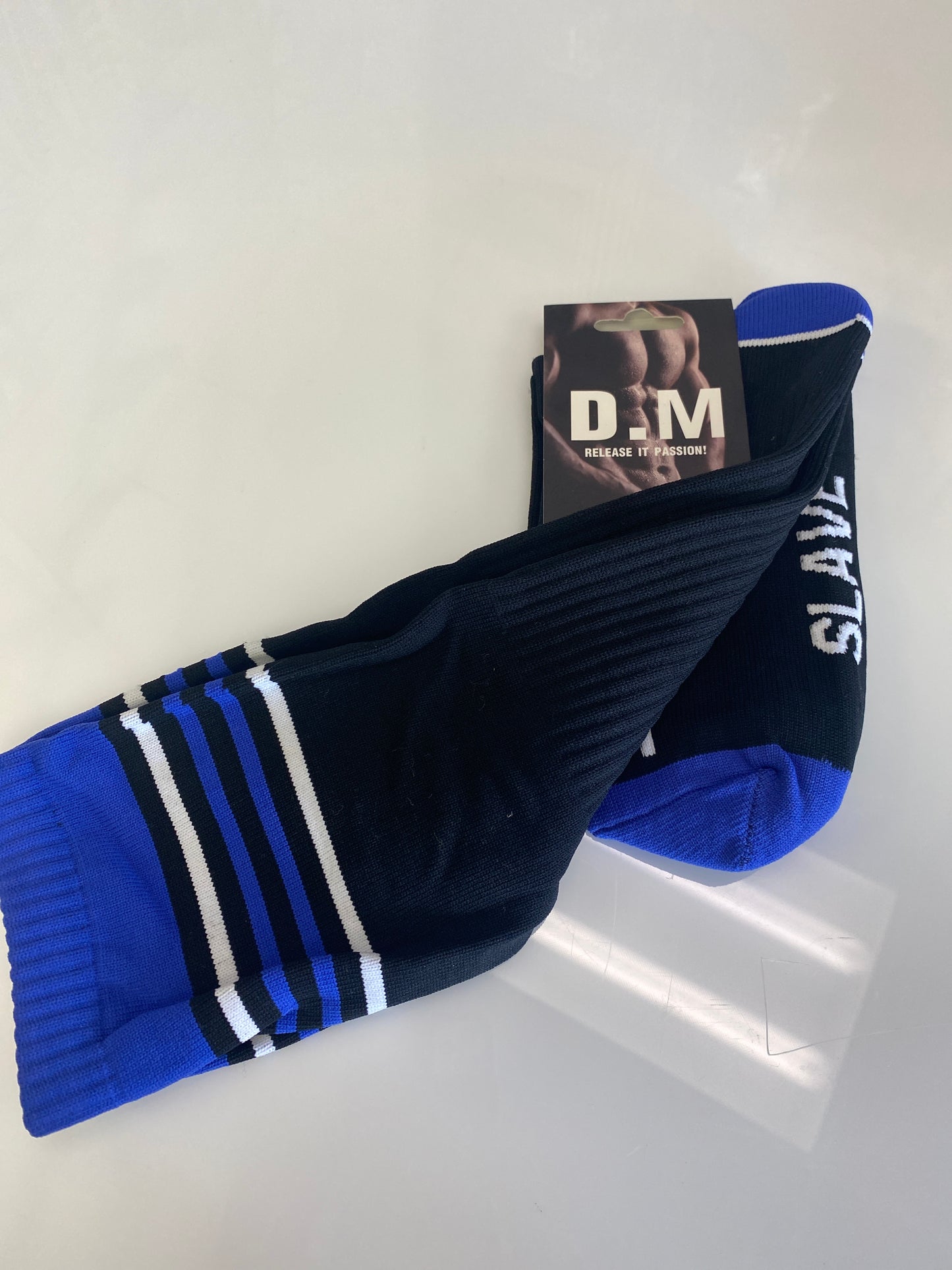 MENS STRIPED HIGH FOOTBALL SOCKS BLUE SLAVE
