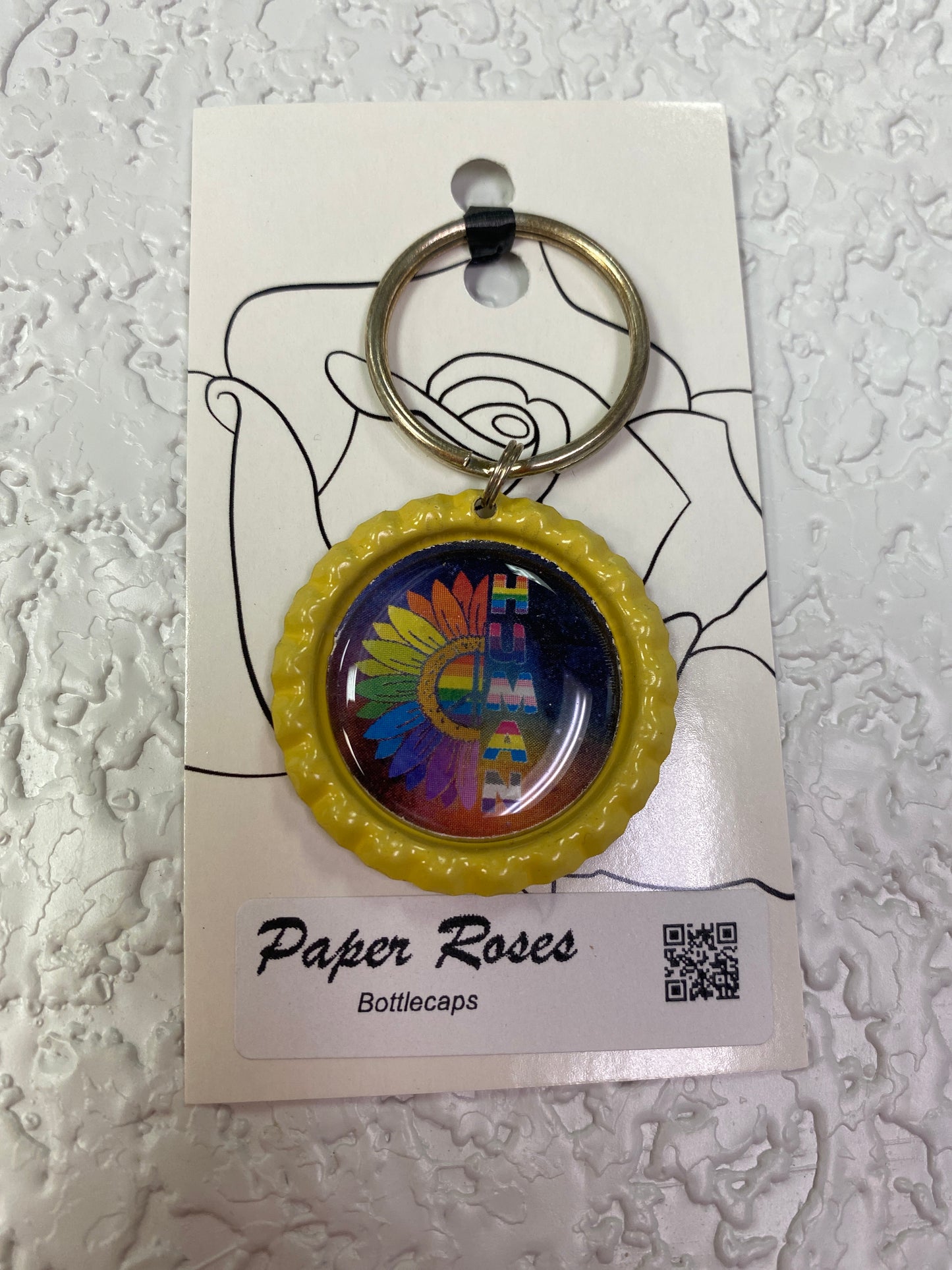 YELLOW HUMAN PRIDE FLOWER BOTTLE CAP KEYCHAIN